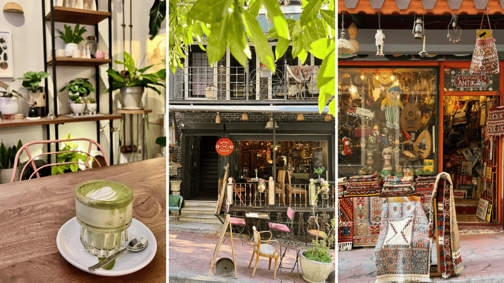 A collage of various scenes in Cihangir, including a cafe, vintage store, and outdoor area