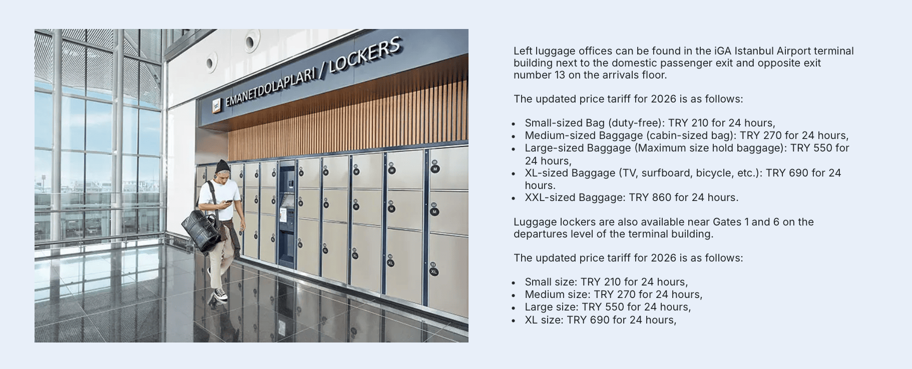 Luggage lockers at Istanbul Airport and pricing information
